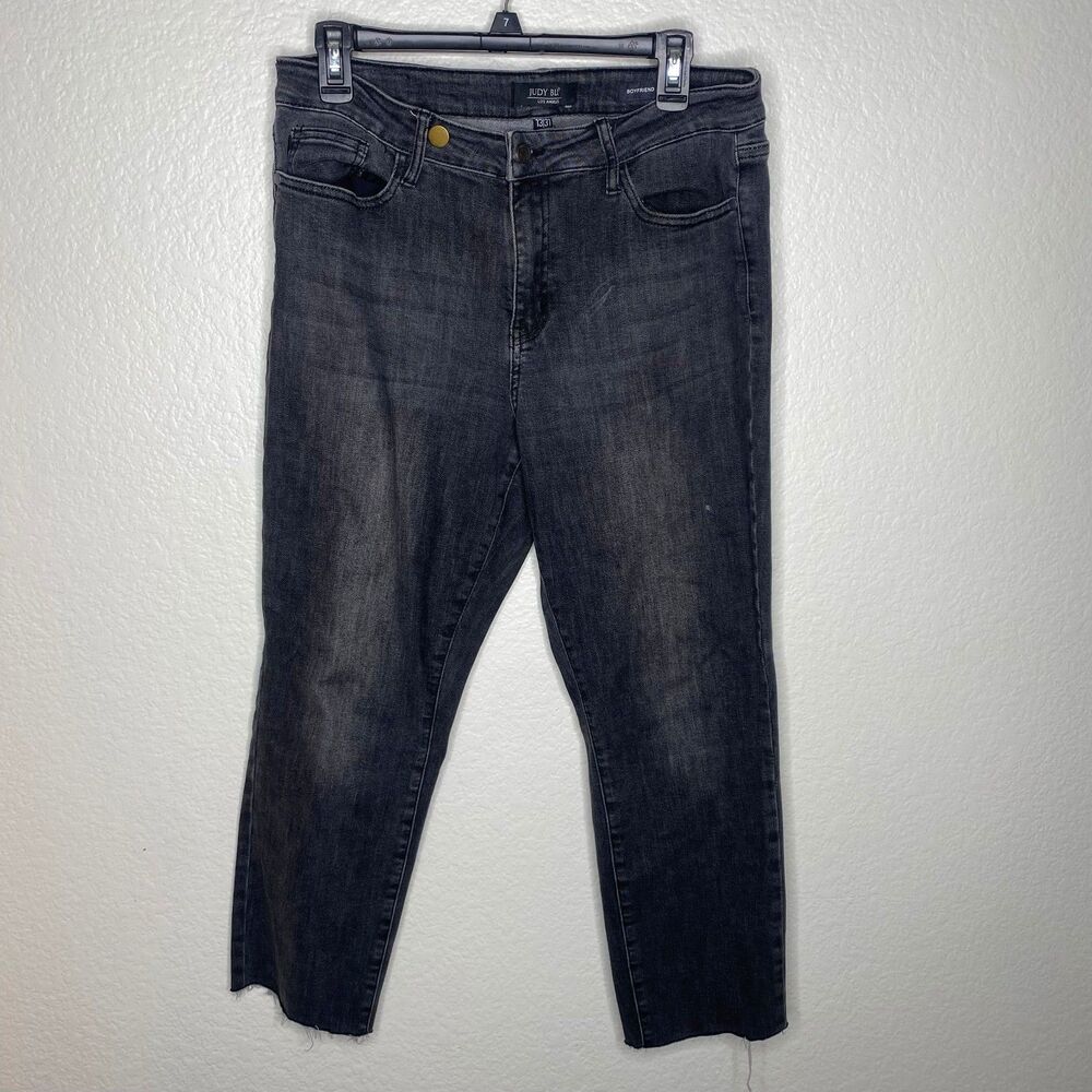 Judy Blue black boyfriend fit jeans raw hem baggy high rise stretch 13/31